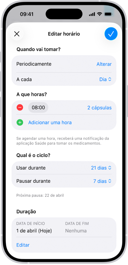 O ecrã Medicamentos na aplicação Saúde mostra opções para alterar o horário de um medicamento.