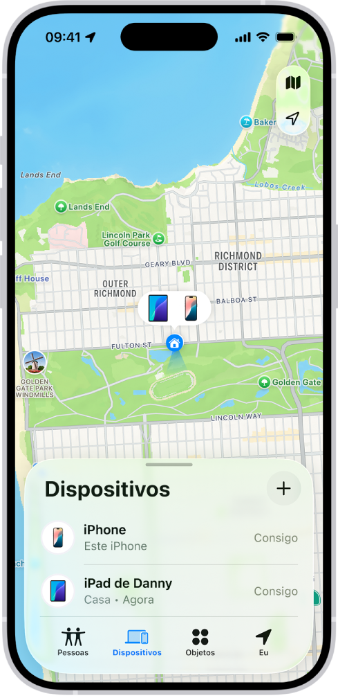 O ecrã da aplicação Encontrar a mostrar dois dispositivos em casa.