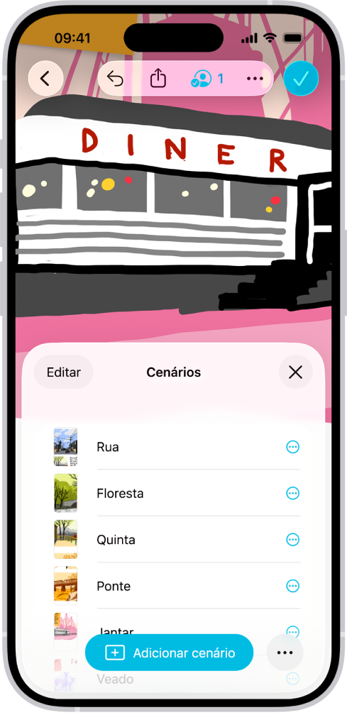 O quadro Freeform com o Navegador de cenários aberto e vários cenários guardados.