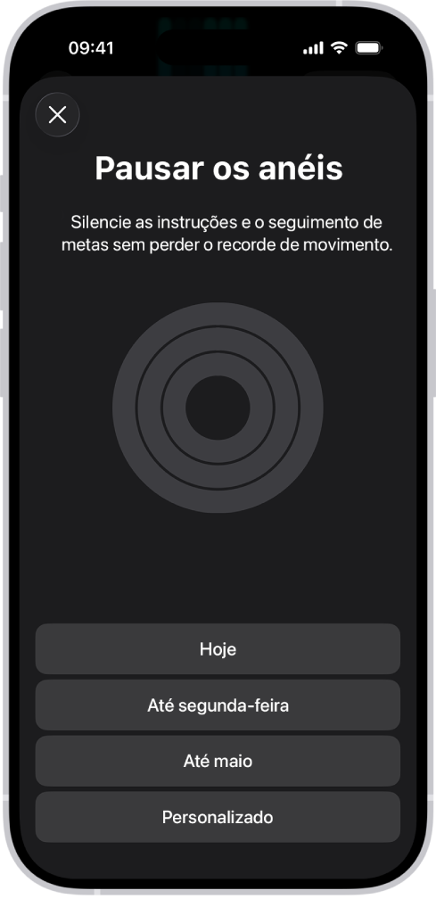 O ecrã “Pausar os anéis” na aplicação Fitness a mostrar opções para pausar os anéis de atividade.