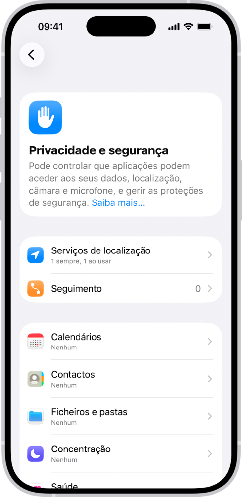 O ecrã “Privacidade e segurança”, com definições para os serviços de localização e seguimento,e definições para controlar que aplicações podem aceder aos seus dados.