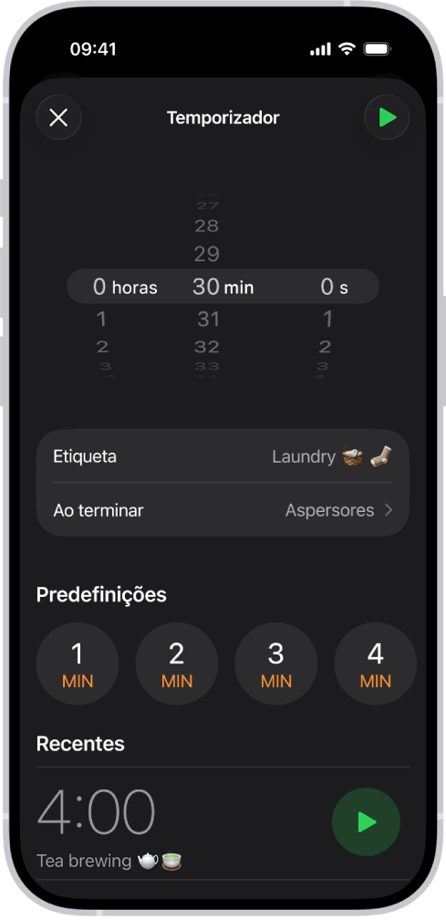Um ecrã para adicionar um temporizador, com as definições para definir um temporizador e um botão para iniciar um temporizador criado recentemente.