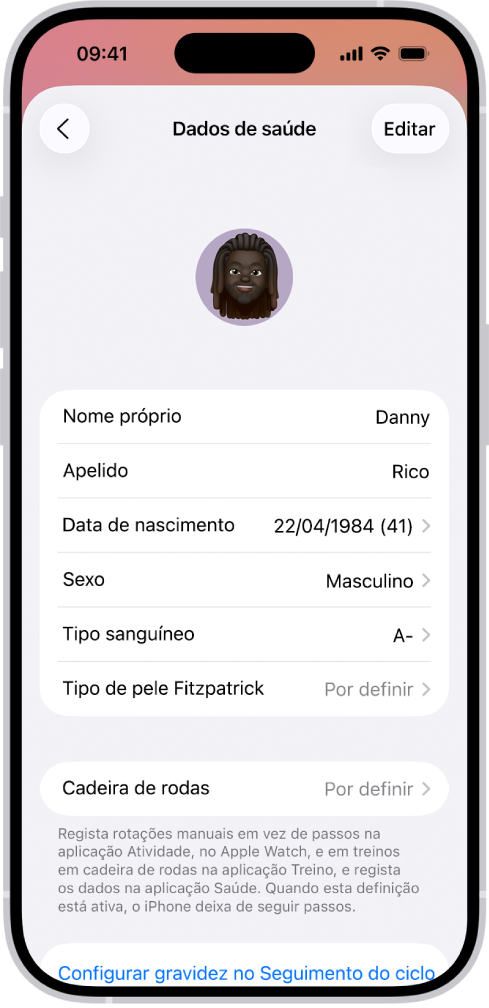 O ecrã Dados de saúde, que inclui os campos para nome, data de nascimento, tipo sanguíneo e outras informações.