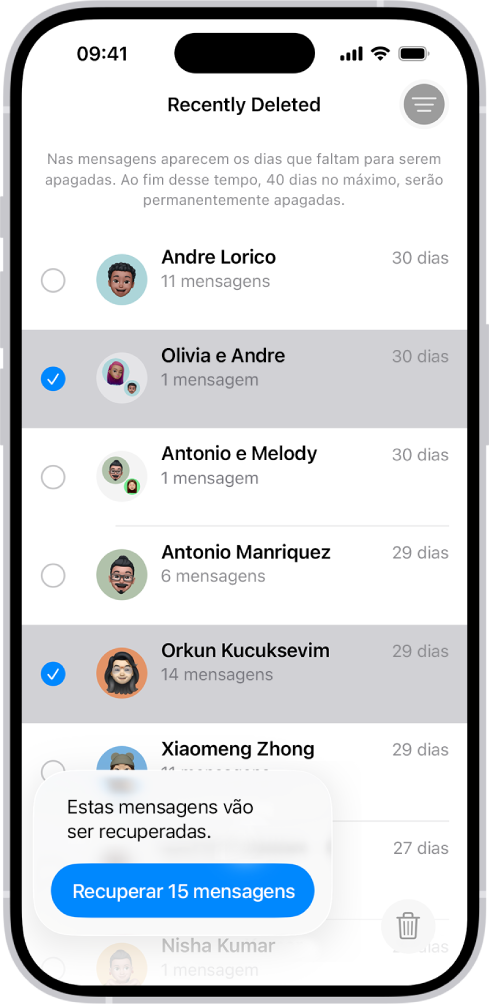 A recuperar todas as mensagens apagadas em duas conversas.