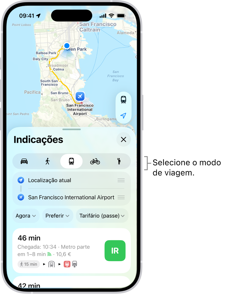 Um mapa a mostrar várias opções itinerário entre dois locais, com botões para selecionar outros modos de viagem, alternar entre o ponto de partida e de destino e ver indicações como passos.