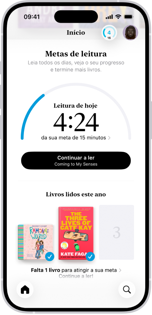 O ecrã “Metas de leitura” a mostrar estatísticas do utilizador, tal como a leitura de hoje, o recorde de leitura semanal e os livros lidos este ano. Na parte inferior estão os separadores Início (que está selecionado), Biblioteca, Livraria, Audiolivros e Pesquisa.
