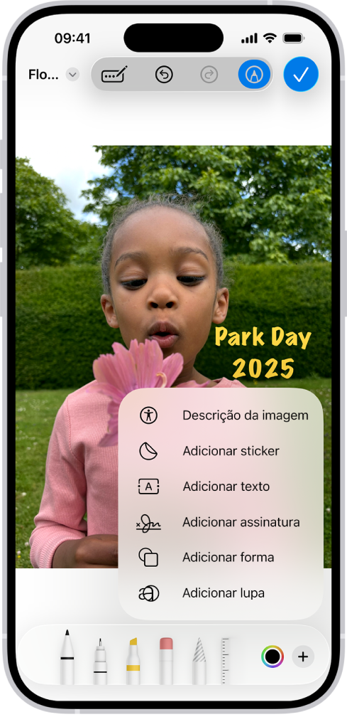 No Mail, um ficheiro PDF de um anexo tem um sticker de um emoji. Por baixo da página web encontram-se os botões de marcação.