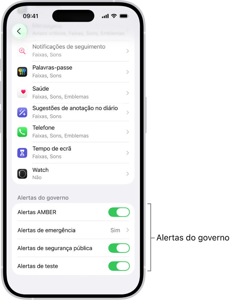 O ecrã “Notificações” a mostrar os “Alertas do governo”, que pode ativar para receber alertas do governo.