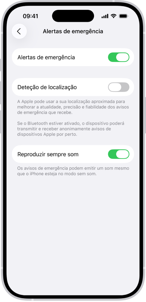 O ecrã Avisos de emergência, com as opções Avisos de emergência, Deteção de localização e Reproduzir sempre som ativadas.
