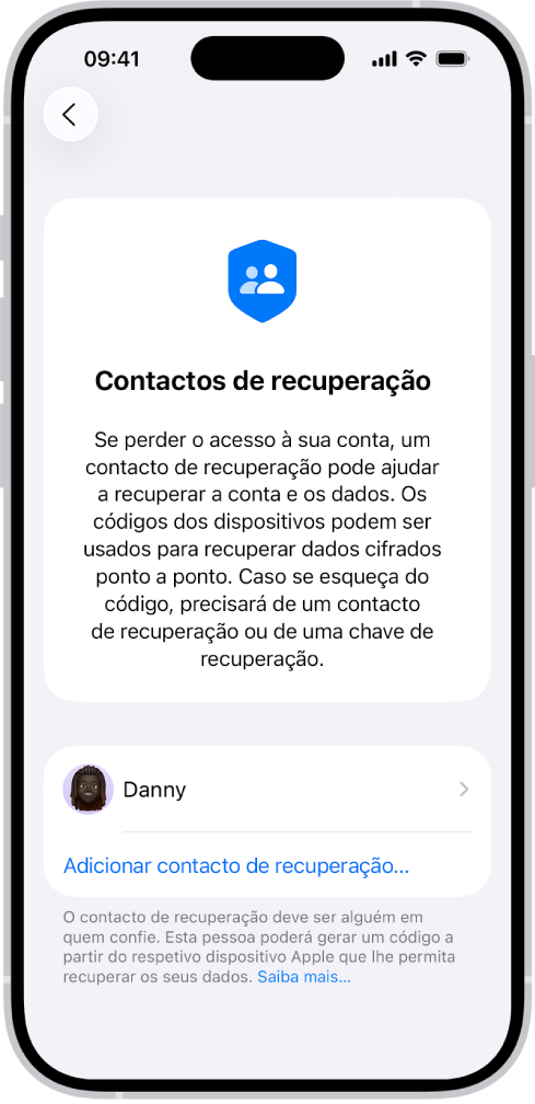 O ecrã “Adicionar contacto de recuperação”.