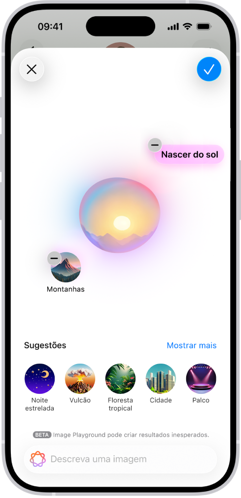 A janela de Image Playground na aplicação Mensagens a mostrar um fundo criado.