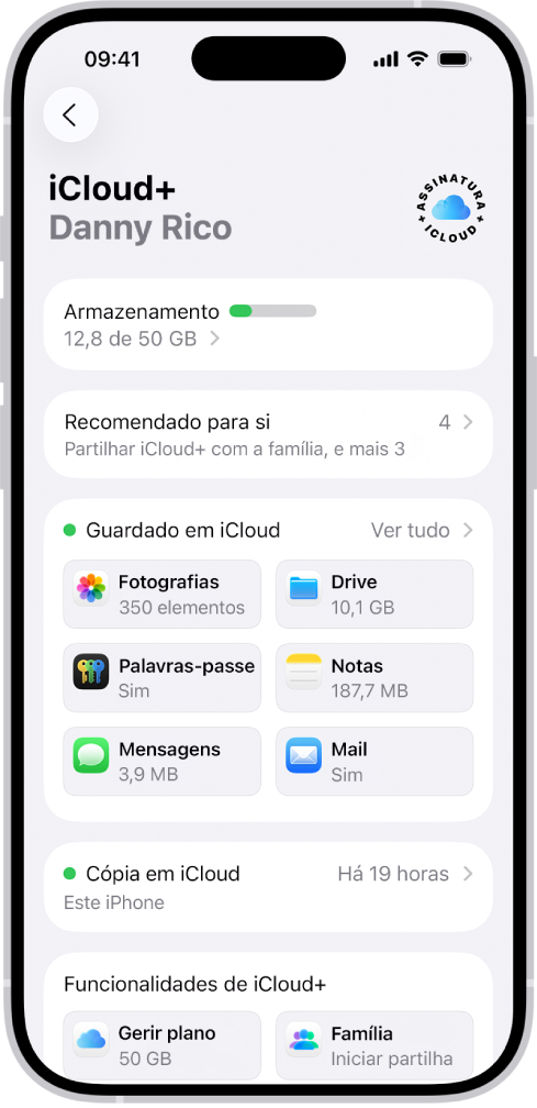 O ecrã das definições de iCloud a mostrar o indicador de armazenamento em iCloud e uma lista de aplicações e funcionalidades.