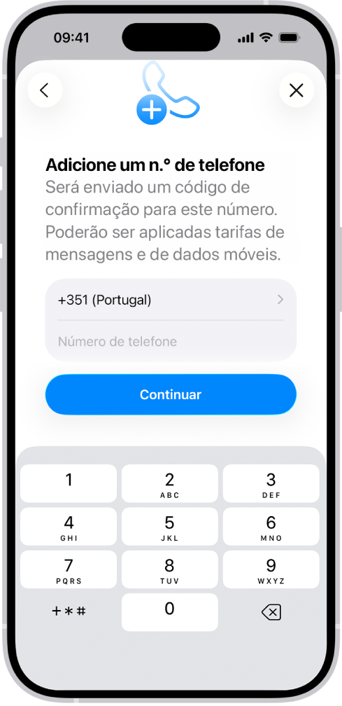 O ecrã “Adicionar n.º de telefone” em Definições.