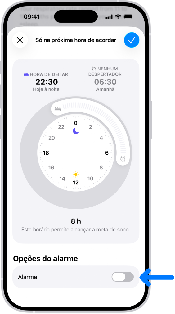O ecrã “Só na próxima hora de acordar” na aplicação Saúde com o alarme desativado na parte inferior.