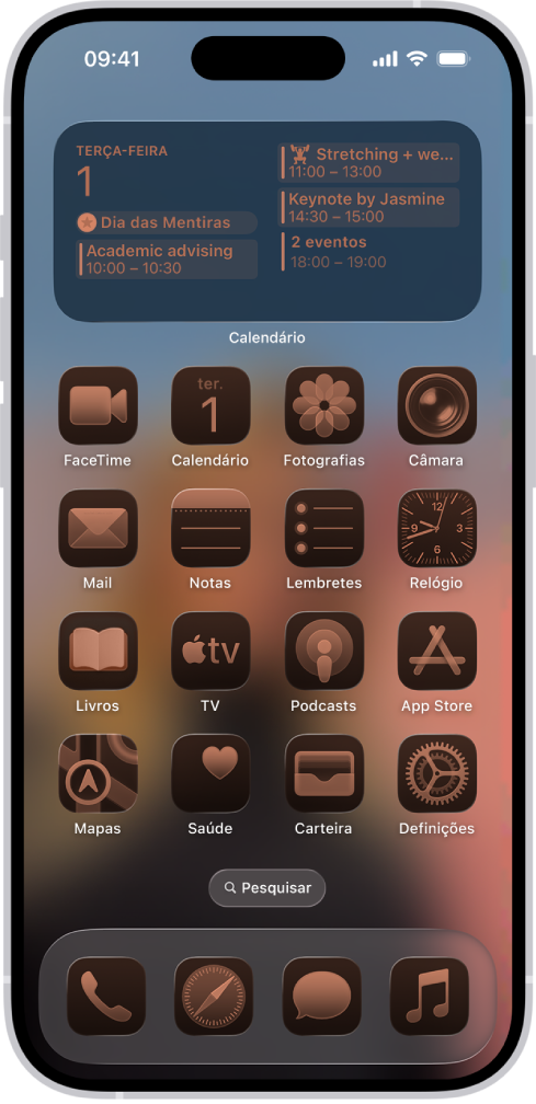 O ecrã principal do iPhone com ícones de aplicações matizados.