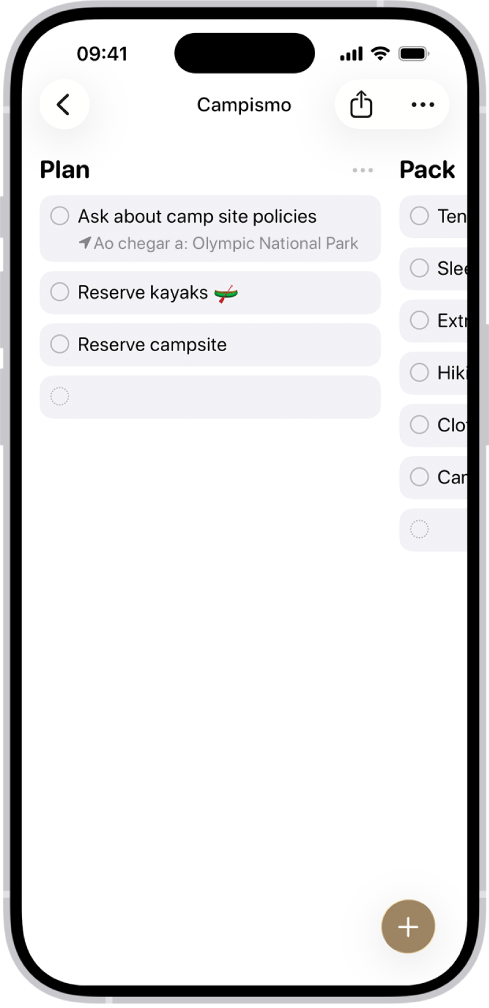 A aplicação Lembretes a mostrar uma lista de acampamento com as categorias organizadas em colunas.