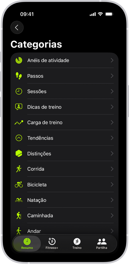 O ecrã “Fitness” a mostrar uma lista de categorias de atividade física.