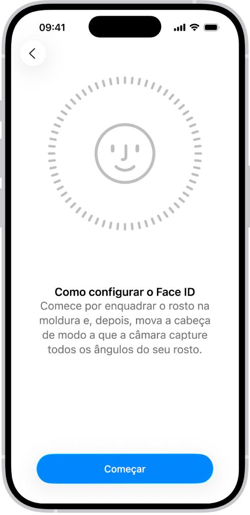 O ecrã de configuração do reconhecimento através do Face ID. No ecrã, está um rosto enquadrado num círculo. Por baixo do rosto, o texto indica ao utilizador que deve mover a cabeça devagar para completar o círculo.