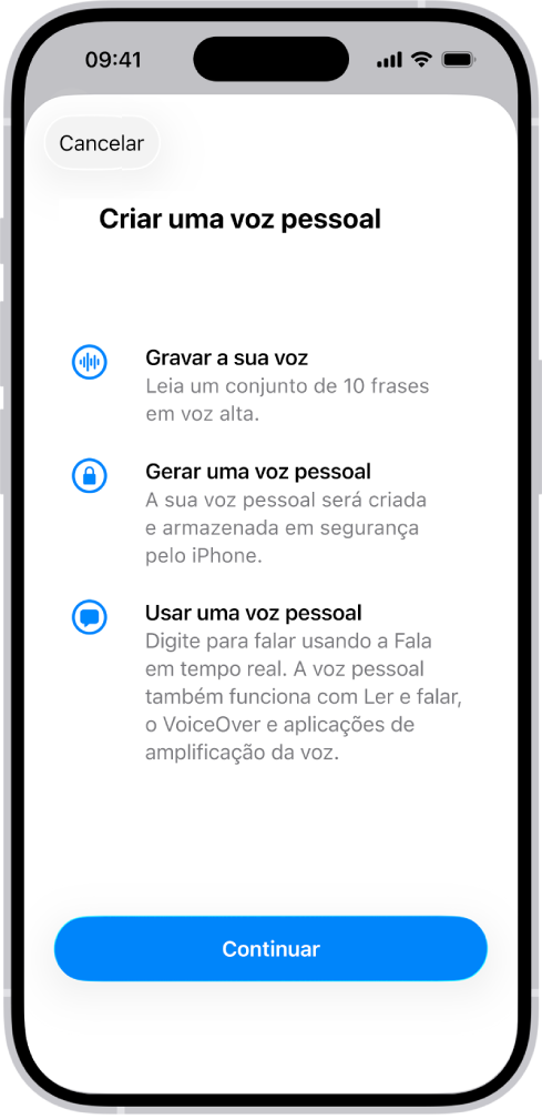 Um iPhone com informações sobre como criar uma voz pessoal.