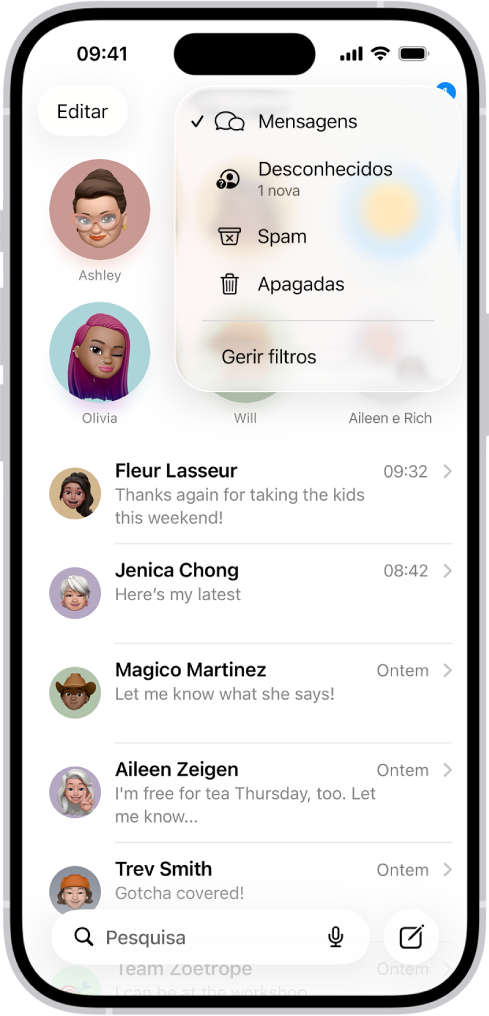 Uma lista de conversas na aplicação Mensagens. Todas as mensagens são mostradas, porque não está selecionado nenhum filtro no menu Filtrar.