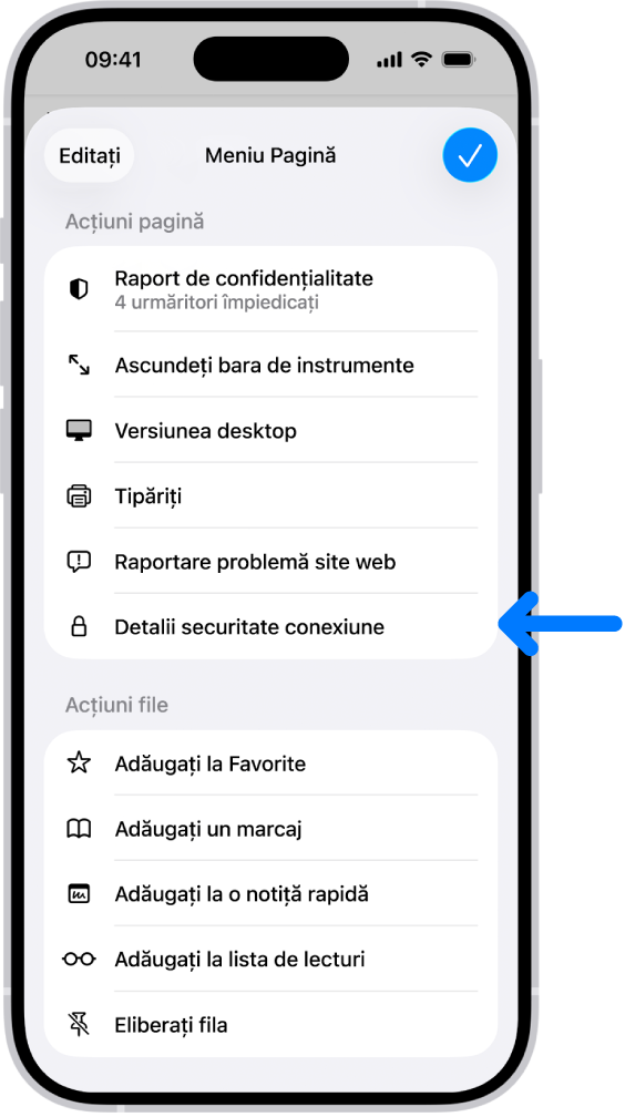 Se deschide Meniu Pagină în Safari, iar comanda Detalii securitate conexiune se află la mijlocul paginii.