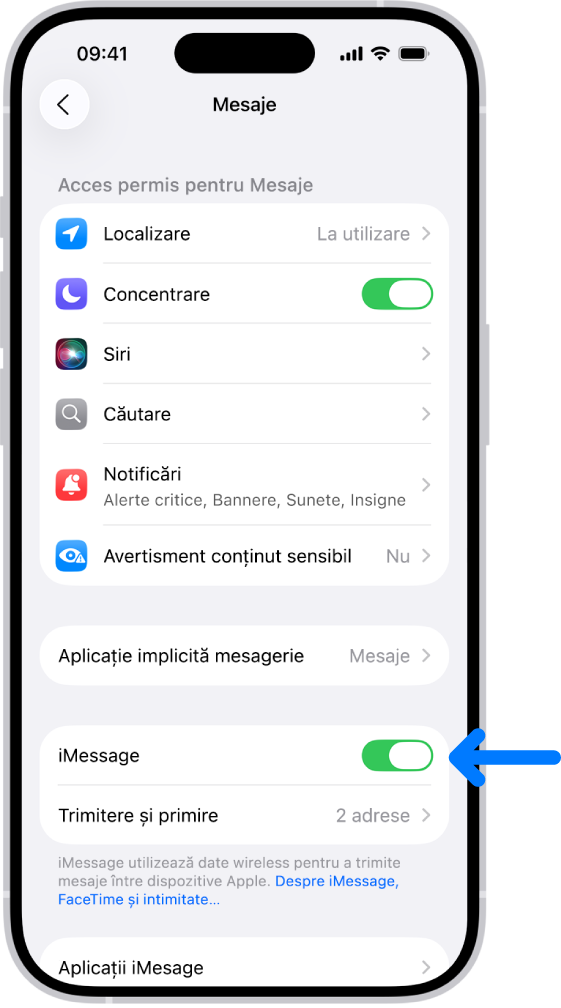 Panoul de configurări Mesaje cu opțiunea iMessage activată.