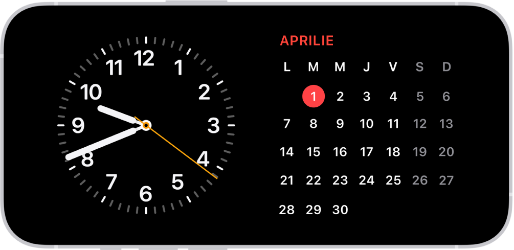 iPhone în modul “În repaus” în lumină ambiantă slabă, afișând widgeturile Ceas și Calendar.