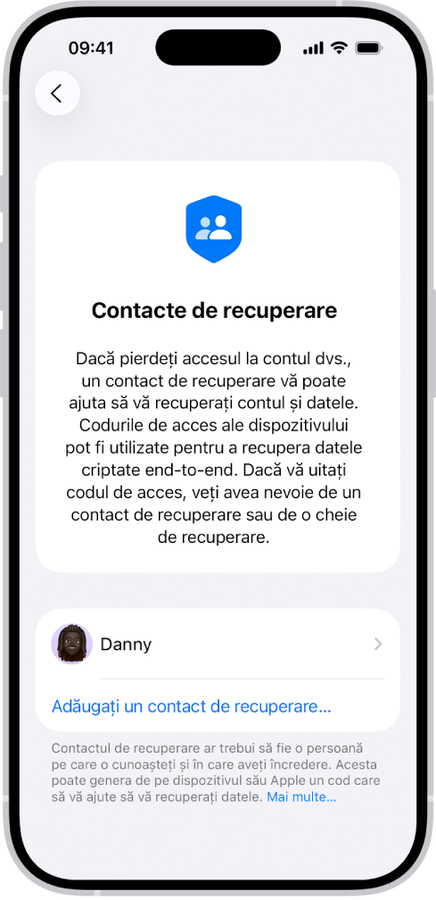Ecranul Adăugare contact recuperare.