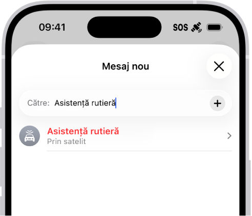 Un mesaj nou este adresat către “asistență”. Dedesubt se află un link spre Asistență rutieră prin satelit.