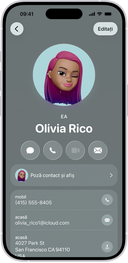 Un contact denumit Olivia Raicu cu pronumele Ea sub poza de contact. Sub numele acesteia se află butoane pentru trimiterea unui mesaj, apelare, trimiterea unui e-mail și utilizarea Apple Pay. În partea de jos a ecranului se află numărul de mobil și adresa de e-mail a contactului.