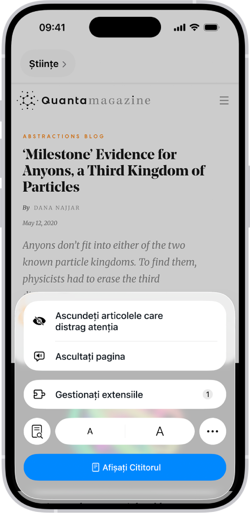 Un site web este deschis în Safari, cu câmpul de adresă indicând că Cititorul este disponibil pentru site-ul web.