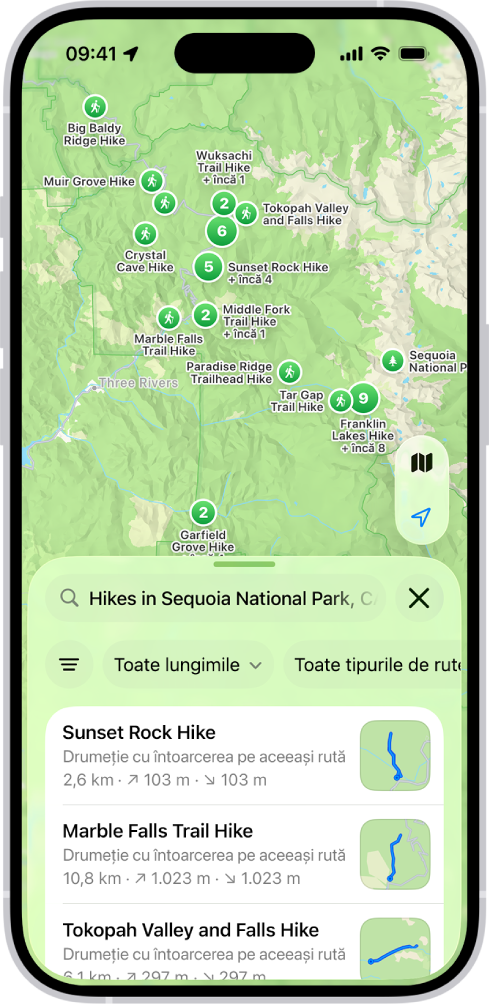 Aplicația Hărți afișând rezultatele căutării de drumeții într-un parc național.