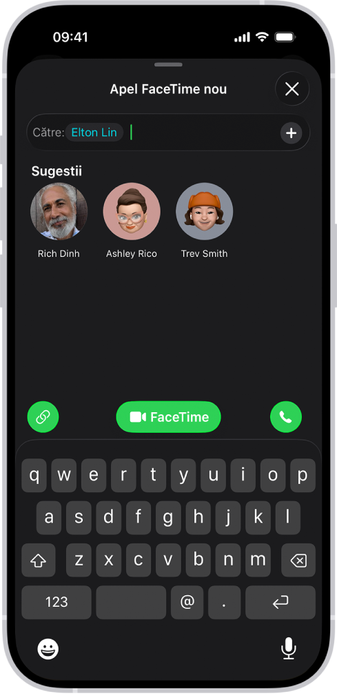 Ecranul de inițiere a unui apel FaceTime, afișând butonul Creați un link și butoanele Apel nou pentru inițierea unui apel FaceTime video sau audio.