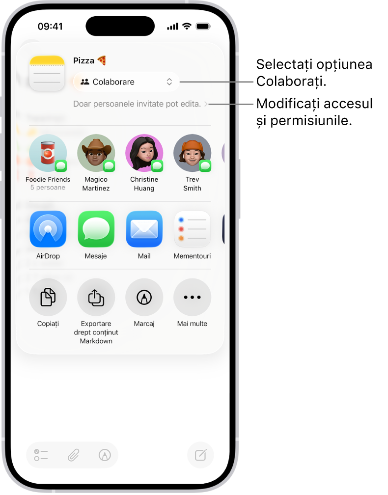 O invitație de a colabora la o rețetă din Notițe, afișând Colaborare pentru opțiunea de partajare și “Doar persoanele pe care le invitați pot edita” drept configurare pentru acces și permisiune. Patru posibili destinatari, inclusiv un grup, formează un rând sub acestea. Rândul următor oferă diferite modalități de a partaja notița: AirDrop, Mesaje, Mail și Mementouri.