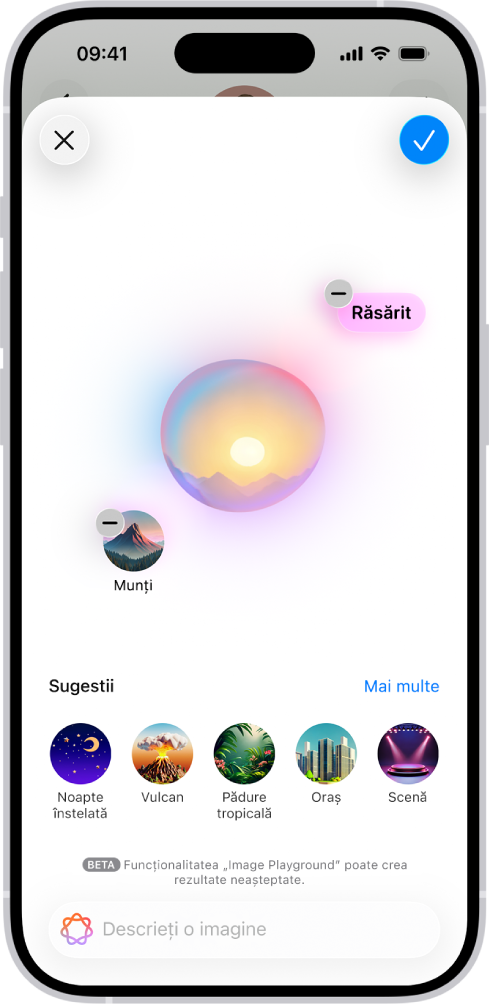 Fereastră Image Playground cu aplicația Mesaje afișând un fundal creat.