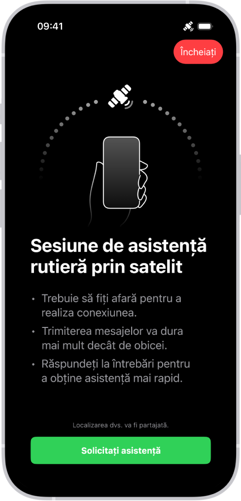 Ecranul de asistență rutieră prin satelit. Butonul “Solicitați asistență” este în partea de jos a ecranului.