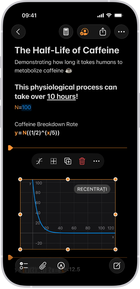 O notiță matematică deschisă în Calculator, cu o variabilă declarată, o ecuație și un grafic.