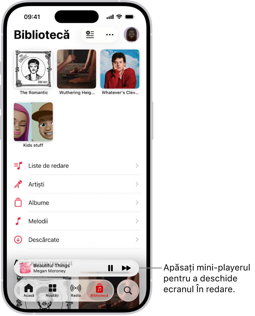 Ecranul Bibliotecă, afișând mini-playerul în partea de jos. Mini-playerul afișează titlul melodiei în curs de redare. Butoanele Pauză și Pista următoare se află în dreapta titlului melodiei. Apăsați pe mini-player pentru a deschide ecranul În redare.