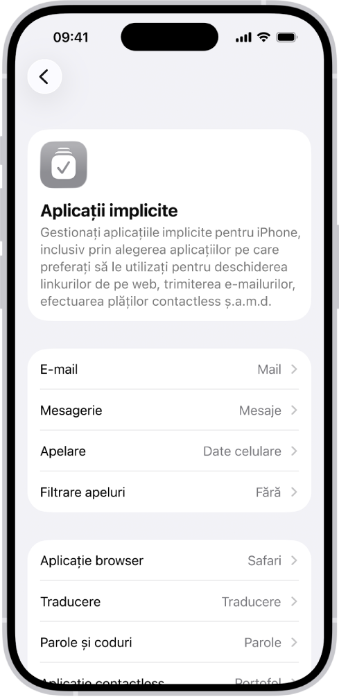 Ecranul pentru schimbarea aplicațiilor implicite pentru trimiterea e-mailurilor, navigarea pe web etc.