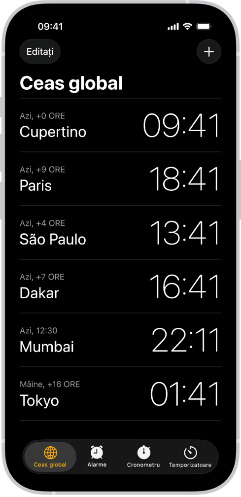 Fila Ceas global, afișând ora în diverse orașe. Butonul Editați, aflat în apropierea colțului din stânga sus, vă permite să reordonați sau să ștergeți ceasuri. Butonul Adăugați, aflat în apropierea colțului din dreapta sus, vă permite să adăugați mai multe ceasuri. Butoanele Ceas global, Alarmă, Cronometru și Temporizatoare sunt dispuse în partea de jos.