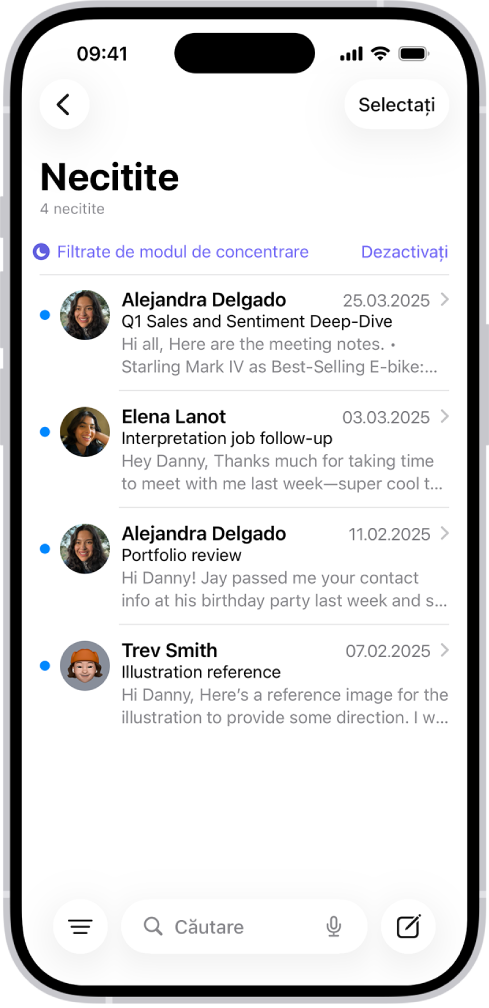 Cutia poștală Primite, afișând o listă de mesaje. Deasupra listei de mesaje se află eticheta Filtrate de modul de concentrare și la dreapta scrie Dezactivare.