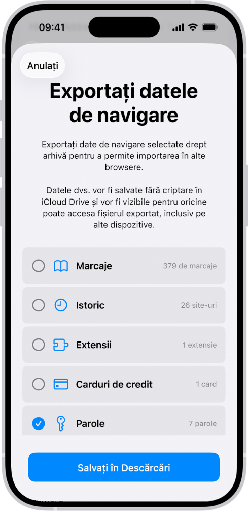 Ecranul Exportați datele de navigare, cu opțiunea Parole selectată pentru exportarea în alt gestionar de parole.