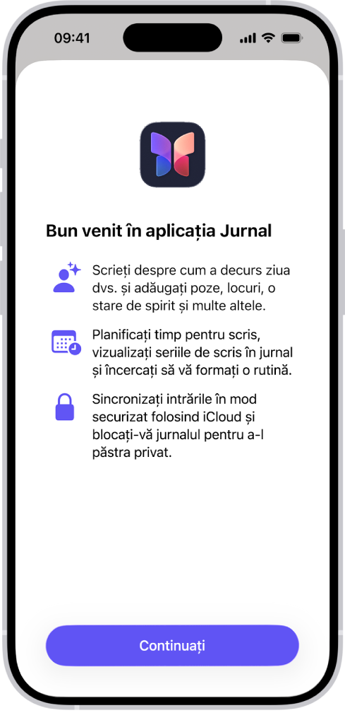Ecranului de bun‑venit din aplicația Jurnal.