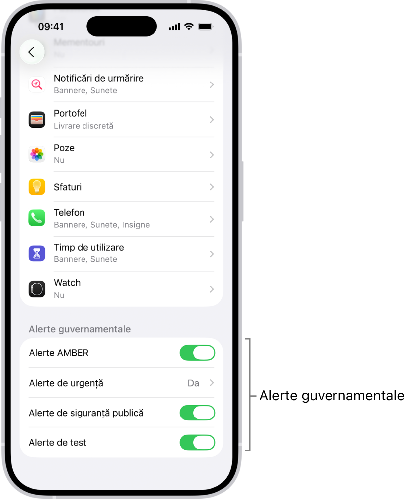 Ecranul Notificări, afișând alertele guvernamentale pe care le puteți activa pentru a primi alerte guvernamentale.