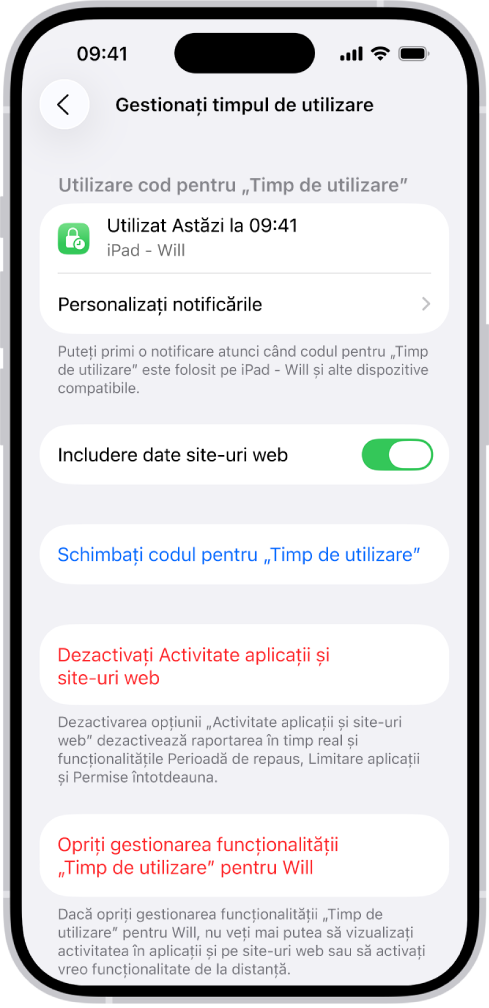 Ecranul Gestionați timpul de utilizare pentru un copil din cadrul familiei. Partea de sus a ecranului afișează când a fost utilizat codul de acces ultima dată și pe ce dispozitiv.