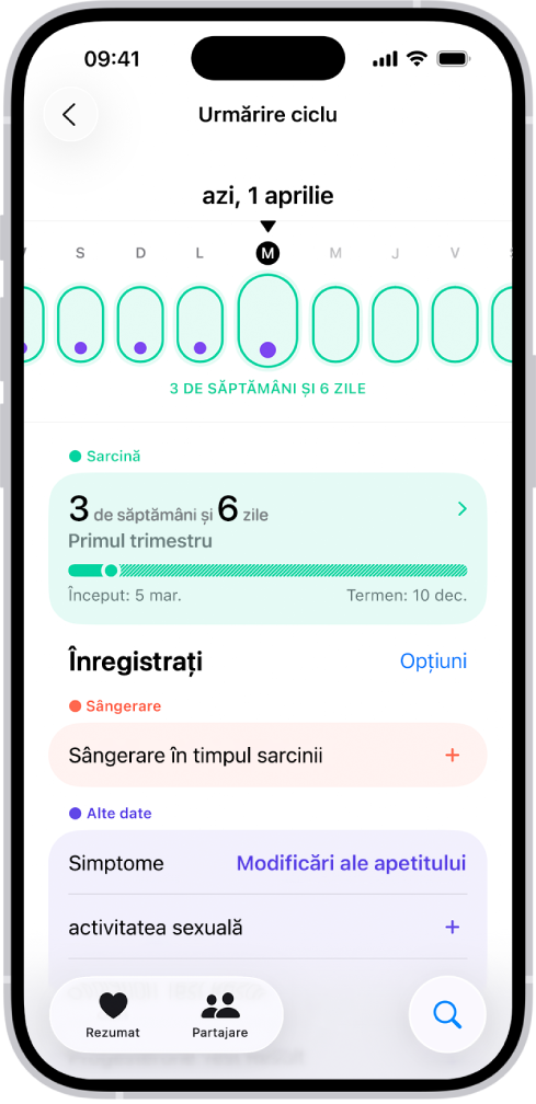 Ecranul Urmărire ciclu cu cronologia unei sarcinii pentru o săptămână în partea de sus a ecranului. Ovalele verde-deschis și punctele violet marchează primele 5 zile din cronologie. Ovalele verde-deschis punctate marchează celelalte zile ale cronologiei. Sub cronologie se află rezumatul sarcinii, afișând vârsta gestațională, data începerii și data estimată a nașterii. Sub rezumatul sarcinii sunt opțiuni pentru adăugarea de informații despre sângerarea în timpul sarcinii, simptome și altele.