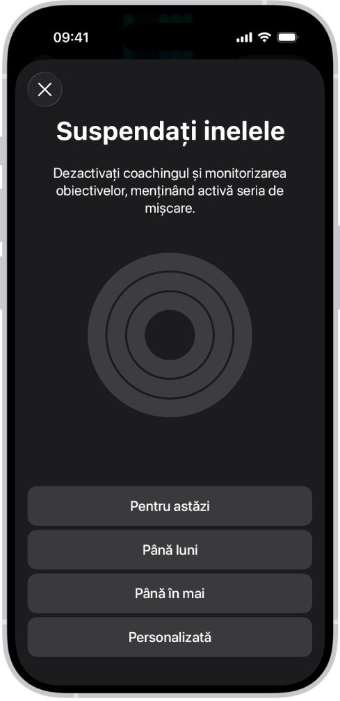 Ecranul Suspendați inelele din Fitness, afișând opțiuni pentru suspendarea inelelor de activitate.