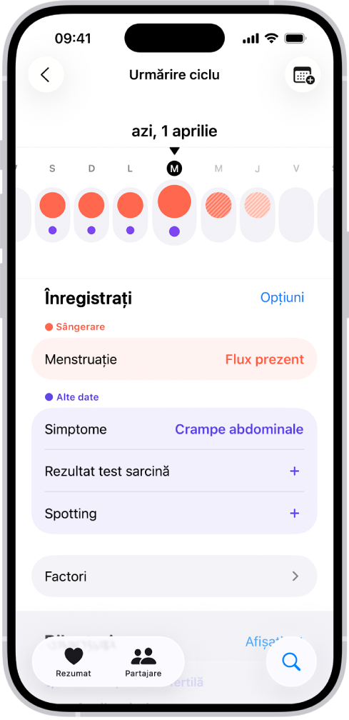 Ecranul Urmărire ciclu afișând cronologia unei săptămâni în partea de sus a ecranului. Cercurile roșu-închis și punctele violet marchează primele 5 zile din cronologie. Sub cronologie sunt opțiuni pentru adăugarea de informații despre menstruații, simptome și altele.