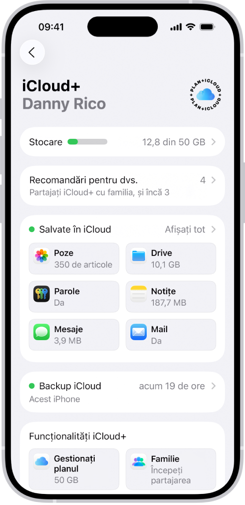 Ecranul de configurări iCloud afișând contorul de stocare iCloud și o listă de aplicații și funcționalități.