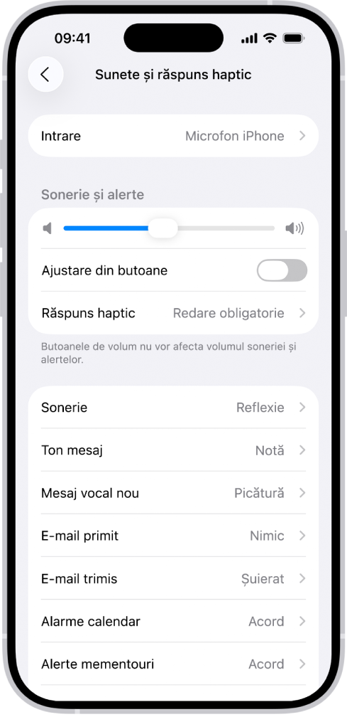 Ecranul Sunete și răspuns haptic din Configurări.